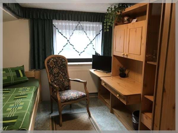 Grünes Zimmer der Pension Deparade Altenburg mit Schreibtisch und behaglicher Atmosphäre